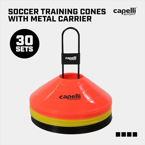 Capelli Sport Training Cones, Set of 30 Agility and Practice Drills Equipment with Metal Carrier for Soccer, Football, Baseball, and Basketball, Multi
