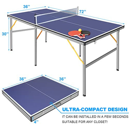 Mid-Size Table Tennis Table Foldable with Net, Foldable & Portable Ping Pong Table Set with 2 Table Tennis Paddles and 3 Balls for Small Spaces, Indoor/Outdoor Backyard Garden