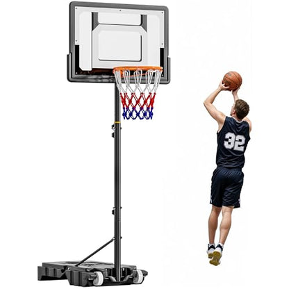 SogesHome Adjustable Height Basketball Hoop Stand 5.1ft-8.5ft, Portable Indoor & Outdoor Basketball Goal System for Teens & Adults with 33 Inch PC Backboard and Wheels in The Backyard, Driveway