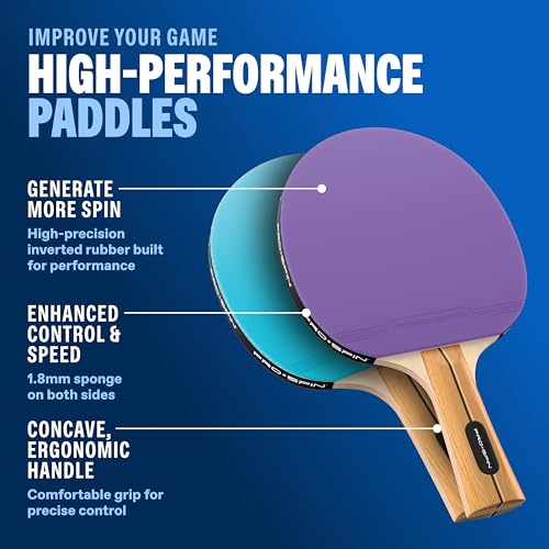 PRO-SPIN Portable Ping Pong Set with Retractable Ping Pong Net for Any Table, All-in-One Table Tennis Set with Ping Pong Paddles, Balls & Case, Table Top Family Game - color: 2-Player Set | Purple/Blue