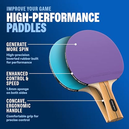 PRO-SPIN Portable Ping Pong Set with Retractable Ping Pong Net for Any Table, All-in-One Table Tennis Set with Ping Pong Paddles, Balls & Case, Table Top Family Game - color: 2-Player Set | Purple/Blue