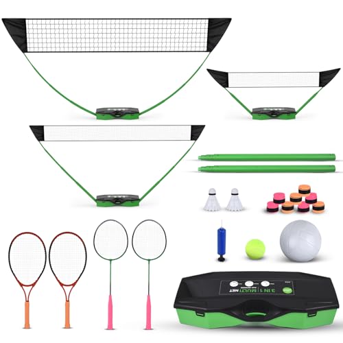 Badminton Set,Volleyball Set,Tennis Set with Storage Base.for Gatherings with Friends,Backyard Fun,Beach outings,Grassy Fields,and Other Outdoor Activities.Complete 3-in-1 Accessory Set.