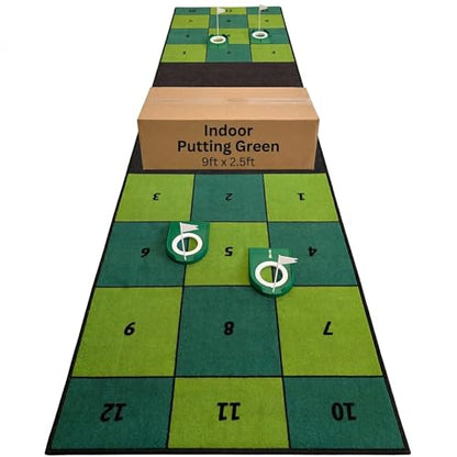 Golf Putting Mat: Indoor Putting Green with 4 Cups and Target Zones - Portable Golf Training Aid and Capture the Cup Putting Game - color: 9ft x 2.5ft Green & Black