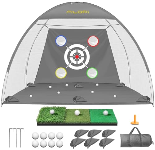FILORI Golf Practice Net 10x7FT - Golf Hitting Net with Tri-Turf Mat, 8 Balls, Tee & Carry Bag, Indoor/Outdoor Backyard Training for Driving Chipping Swing, Ideal Gifts for Men Dad Husband Golfer