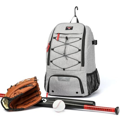Baseball Backpack, Baseball Bag for Youth, Softball Bat Bag with Shoes Compartment, Laptop Compartment & Holds 2 Bats, Small Baseball Bat Equipment Bags for Fence Hook, Glove Holder & Helmet - color: Gray