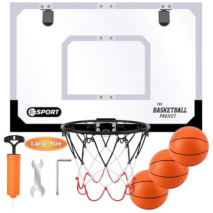 Large Indoor Mini Basketball Hoop Set for Kids and Adult 24 X 16 Inch Board Family Games for Home and Office Door & Wall with 3 Balls and Complete Accessories, Basketball Toy Gift for Boys Girls Teens