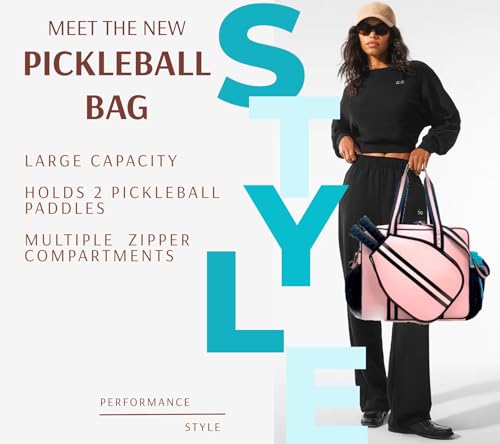 Pickleball Sports Tote Bag with Racket Holder, Neoprene, Adjustable Shoulder Strap - color: Pink