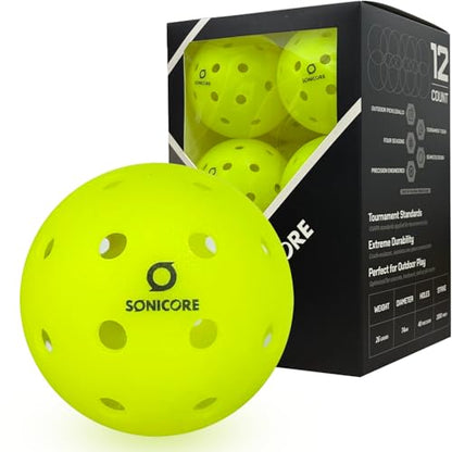 SONICORE Premium Outdoor Pickleball Balls, 4/12 Pack, Extreme Durability, One-Piece Mold, Tournament-Ready Level, 40-Hole Precision Drilled, Crack-Resistant, Seamless
