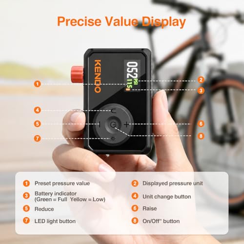KENDO Mini Electric Bike Pump, 120 PSI Fast Inflation Portable Tire Inflator with Auto Shut-Off & Digital Gauge, USB-C Rechargeable, Presta & Schrader Compatible for Road Bike, MTB, E-Bike, Ball Pump