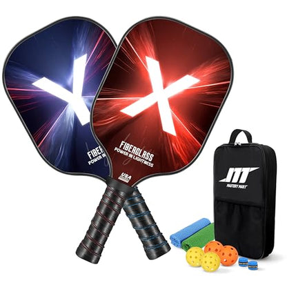MASTERY MART Fiberglass Pickleball Paddles, Lightweight, 2 Paddles & 4 Balls & 2 Towels & 2 Grip Tape & Portable Bag, Family & Friends