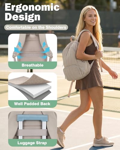 Pickleball Bag, Pickleball Backpack with Shoe Compartment and Paddle Slots, Large Sports Gym Backpack with Wet Pocket - color: Camel