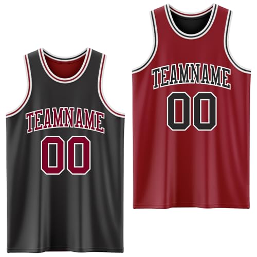 Custom Reversible Basketball Jerseys Men Youth, Personalized Sports Shirts Team Uniforms Printed Name Logo Number - color: Deep Red and Black