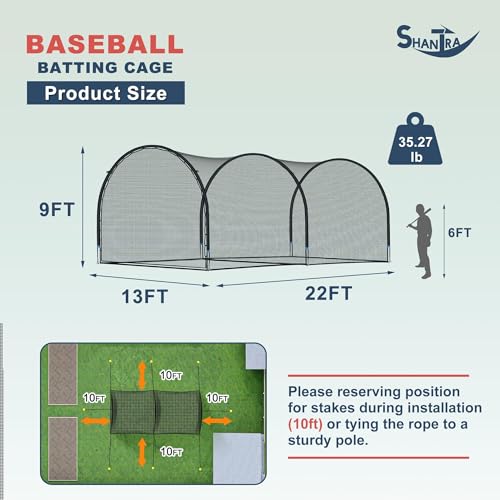 SHANTRA Batting Cage with Frame and Net, 13/22/30FT Baseball Batting Cage for Backyard, Baseball & Softball Hitting Cage Netting for Outdoor Hitting & Pitching Practice, Softball Baseball Cage - style: 22×13×9ft,Enclosed Door