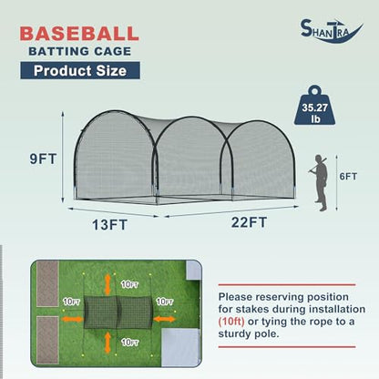 SHANTRA Batting Cage with Frame and Net, 13/22/30FT Baseball Batting Cage for Backyard, Baseball & Softball Hitting Cage Netting for Outdoor Hitting & Pitching Practice, Softball Baseball Cage - style: 22×13×9ft,Enclosed Door