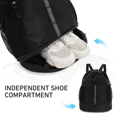 Valleycomfy Drawstring Gym Bag Sports Backpack With Shoe Compartment and Reflective Strips Black - color: Black