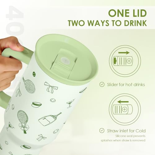 SANDJEST Tennis 40oz Tumbler With Handle and Straw, Insulated Stainless Steel Travel Coffee Mug for Women Girls Tennis Players, Gift Idea for Birthday Christmas Mothers Day - color: Tennis