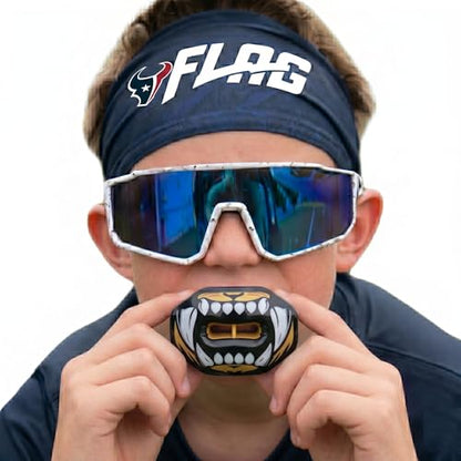 Oral Mart Flag Football Mouth Guard with 3D LipFit Design for Kids - Youth Football Mouthguard (No Boil) Cool Instant Fit Lip Guard Mouthpiece for Braces (Detachable Helmet Strap Included) - color: Tiger Bite