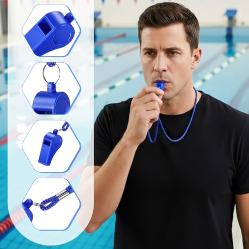 50 Pcs Mardi Gras Throws Plastic Whistles Bulk with Lanyard for Coach, Training Sports Whistles Mardi Gras Accessories Loud Crisp Sound Whistless Prize Gift for Birthday Party Games Survival Emergency