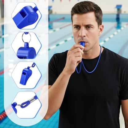 50 Pcs Mardi Gras Throws Plastic Whistles Bulk with Lanyard for Coach, Training Sports Whistles Mardi Gras Accessories Loud Crisp Sound Whistless Prize Gift for Birthday Party Games Survival Emergency