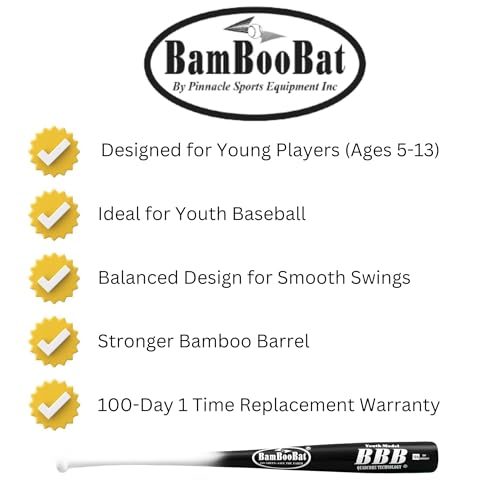 BAMBOOBAT by Pinnacle Sports Equipment INC. Youth Durable Bamboo Baseball Bat for Players Aging 5-13 Years Old - 100 Day Warranty