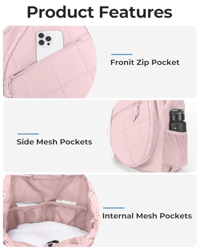 Drawstring Tennis Backpack, Puffer Tennis Racket Bag with Shoe Compartment & Wet Pocket Gym Bag for Women, Suitable for Pickleball Tennis Badminton - color: Pink