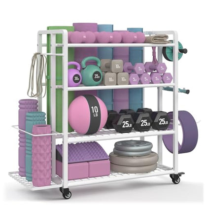 4-Tier Dumbbell Rack Stand Only, Adjustable Weight Rack for Dumbbells Kettlebells Yoga Mat, Home Gym Storage Rack with Wheels and Hooks, Powder Coated Finish - size: Large White