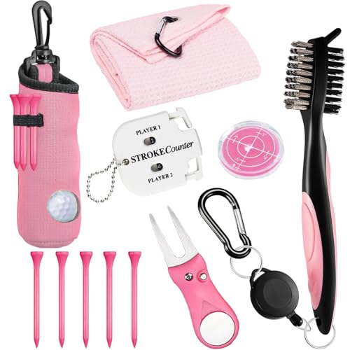 11 Pcs Golf Accessories Kit, Include Golf Ball Bag with Hook Tees Towel Cleaner Brush Ball Marker Divot Tool Score Counter - color: Pink