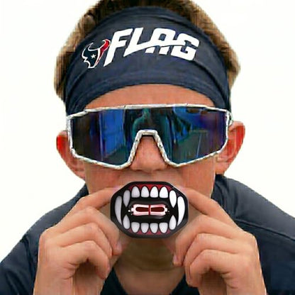 Oral Mart Flag Football Mouth Guard with 3D LipFit Design for Kids - Youth Football Mouthguard (No Boil) Cool Instant Fit Lip Guard Mouthpiece for Braces (Detachable Helmet Strap Included) - color: Fangs/Vampire