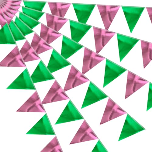 64ft Green and Pink Triangle Pennant Banner Flag Metallic Paper Bunting Garland for Hanging Backdrop Birthday Decorations Graduation Bachelorette Bridal Wedding Shower Party Supplies - color: Green Pink