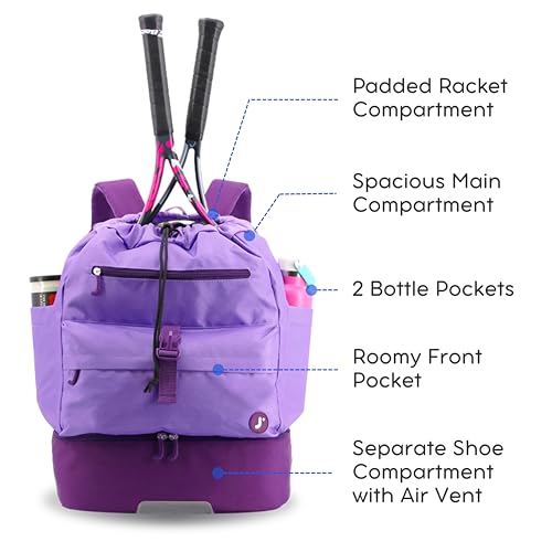 J World Ace 2 Racket Tennis Backpack for Women Men. Badminton Squash Pickleball Bag. Kids Sports Gym Bag w/Shoe Compartment - color: Purple