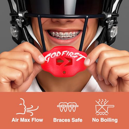Youth Football Mouth Guard – Lip Guard Mouthpiece with Strap – Comfortable Fit – Sleefs - color: God First Red