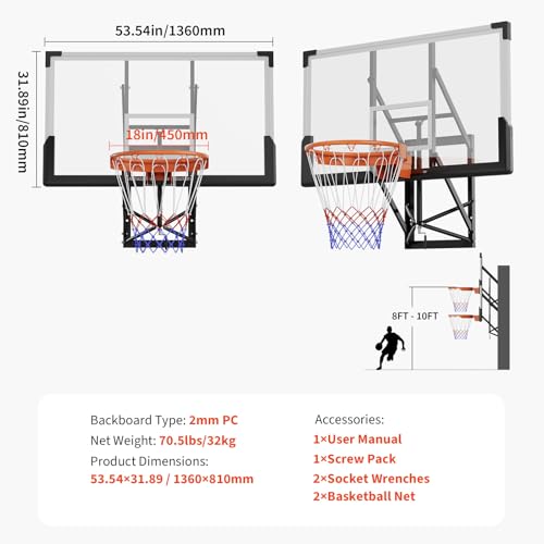 54 Inch Wall Mounted Basketball Hoop, 8-10 FT Adjustable Height Shatterproof PC Backboard Basketball Goal with 18 Inch Solid Rim for Indoor & Outdoor Use, Home, Gym, Backyard
