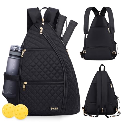 Women's Pickleball Backpack - Quilted Crossbody Sling Bag for Tennis & Pickleball Paddle - color: Black, size: Large
