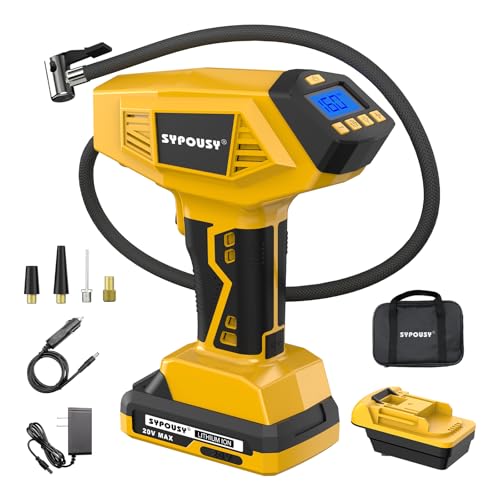 Upgraded Cordless Tire Inflator Portable Air Compressor - With Rechargeable Battery, Adapter Compatible with DeWalt 20v battery, 160 PSI 4X Fast Air Pump, Dual Power Modes for Car, Bike, Motorcycle - color: Black Yellow