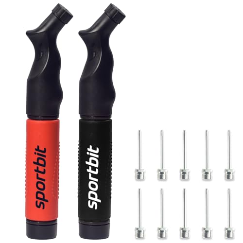 SPORTBIT Ball Pump for Sports Balls - Push & Pull Inflating System - Hand Pump for Exercise Balls - Volleyball Pump, Basketball Inflator, Ball Air Pump - Goes with 5 Needles Set - color: RED + BLACK