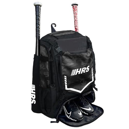 Hit Run Steal Bat Bag Backpack, Holds 4 Bats, Gloves, Helmet, and Cleats, Black Camo