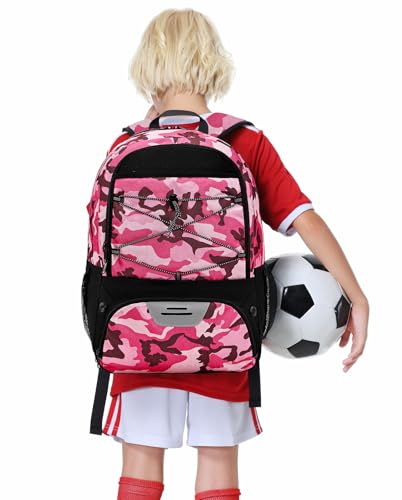 Hsmihair Youth Soccer Bag-Soccer Backpack&Backpack for Football Basketball,with Ball Compartment Separate Cleat Package - color: CamoPink