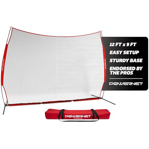 PowerNet Portable Sports Rebounder -Basketball, Volleyball, Soccer, Baseball, Softball and Lacrosse, Backyard & Garage Backstop, Indoor Outdoor Safety Net for Protection - style: 12x9 RED Net