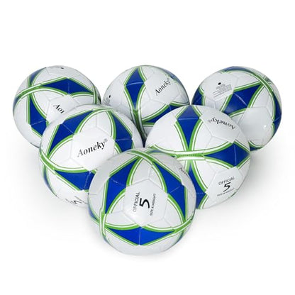 Aoneky Adult Size 5 Traditional Soccer Ball - Ships Deflated, Pump Included - color: White/Blue, style: 6-Pack Deflated Ball with Pump