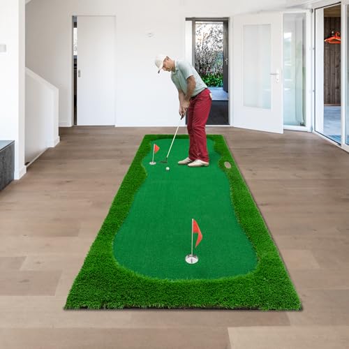 Premium Golf Putting Green Mat for Indoor & Outdoor, 3 Holes with Flags, Realistic Turf & Non-Slip Base, Practice Putting Mat with 6 Balls & Slope Pads - size: 11'10" x 4'11" (L x W)