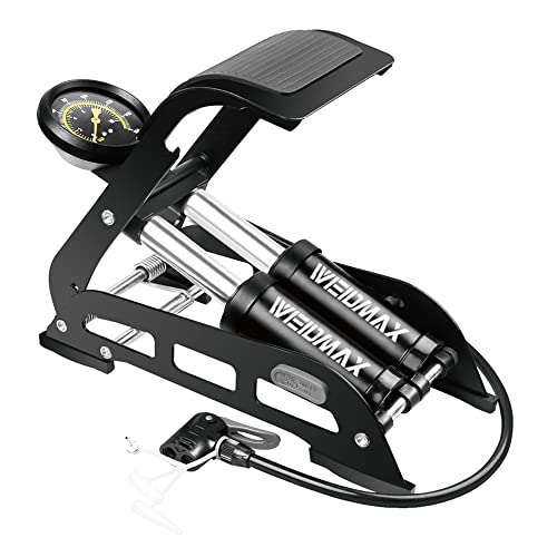 Double Barrel Pedal Pump, WEIDMAX Double Cylinder Bike Pump, Bicycle Foot Pump, Portable Bike Floor Air Pump, with Pressure Gauge and Intelligent Valve Head