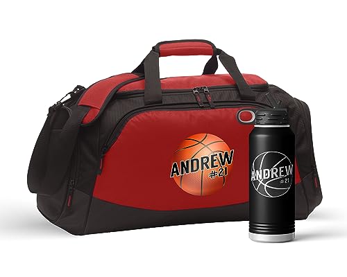 Personalized Basketball Duffel Bag Set Engraved Water Bottle | Coach Design Name Number Player Boys Girls Birthday Christmas - color: Red/Black, size: Bag/Bottle Combo, style: Player