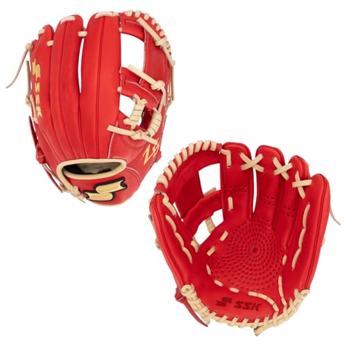 SSK Z5 Craftsman Youth Baseball Glove – 10.5” – 11” – 11.25” – 11.5” Right & Left Hand Throw - color: Red/Camel - I Web, size: 11.5" - Right Hand Throw