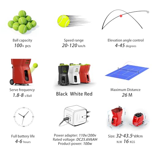 Tennis Ball Machine PT-Smart, 100+ Ball Capacity,Remote-Controlled/APP, Adjustable Speed & 12 Fixed Modes, Portable Training Equipment for Enthusiasts, Pros & Beginners - color: Red
