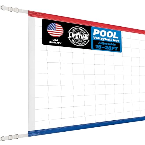 Swimming Pool Volleyball Net Replacement Heavy Duty, Extra-Long 15FT-28FT Adjustable, Upgraded All-Weather+Waterproof, Reinforced Borders, and Durable Nylon Straps - 15x3FT (Net Only)