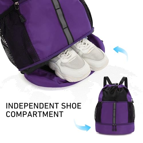 Valleycomfy Drawstring Gym Bag Sports Backpack With Shoe Compartment and Reflective Strips Purple - color: Purple08