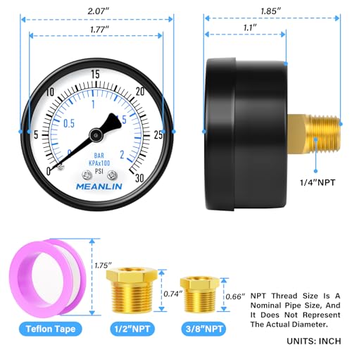 0-30Psi 2" DIAL FACE 1/4" NPT Well Pump Pressure Gauge, with 1/2" NPT and 3/8" NPT Hex Bushing, 3-2-3% Accuracy, Center Back Mount - size: 0-30Psi, style: 1/4"NPT Back Mount