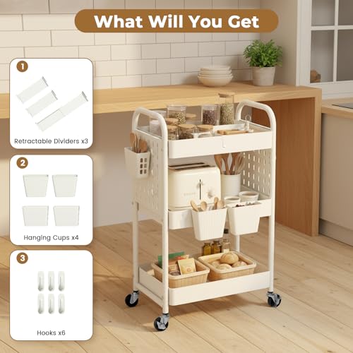 danpinera 3 Tier Rolling Cart with Retractable Dividers, Multi-Functional White Rolling Utility Cart with Pegboards, Hooks & Hanging Cups for Nursery, Living Room, Studio - color: White, size: with Dividers