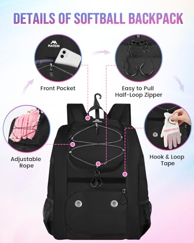MATEIN Softball Bag, Lightweight Baseball Backpack with Shoe Compartment, Baseball Bag with Fence Hook for TBall Bat & Equipment, Softball Gifts Catchers Backpack for Women Fit Catcher’s Mitt, Helmet - color: Black - Large