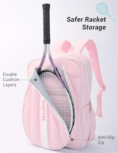 Quilted Tennis Bag for Women Men- Large Tennis Backpack Holds 2 Rackets with Ventilated Shoe Compartment & Wet Pocket - color: Pink